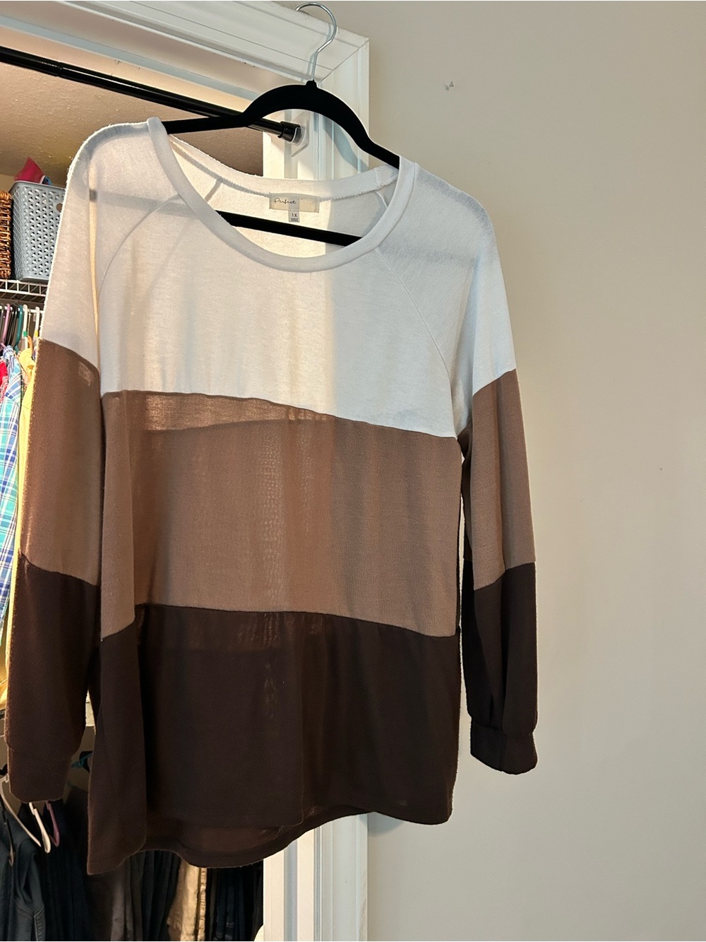Colorblock Long Sleeve Top - White & Brown - Unknown Brand
